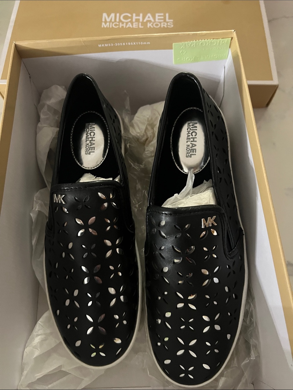 Michael Kors Black Perforated Slip-On Loafers with Gold MK Emblem